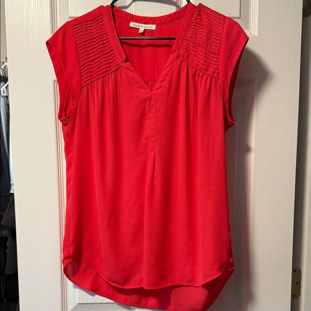 Daniel Rainn Red Pleated Shoulder Cap-Sleeve Blouse